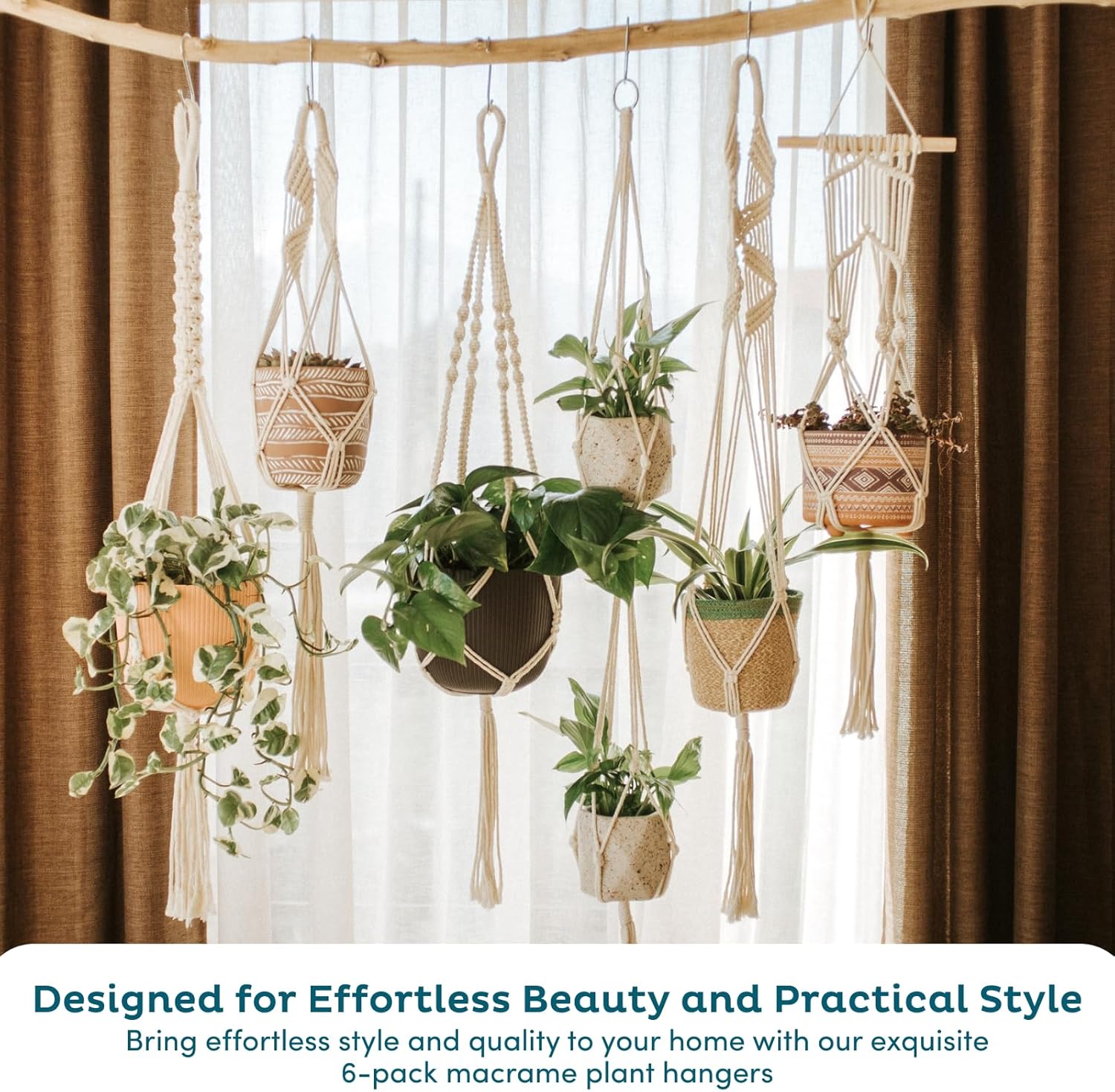 Nook Theory 6-Pack Macrame Plant Hangers with 12 Hooks - Hanging Planters for Indoor Plants, Boho Macrame Hangers Indoor Outdoor, Decorative Plant Hanger Indoor (Caramel)