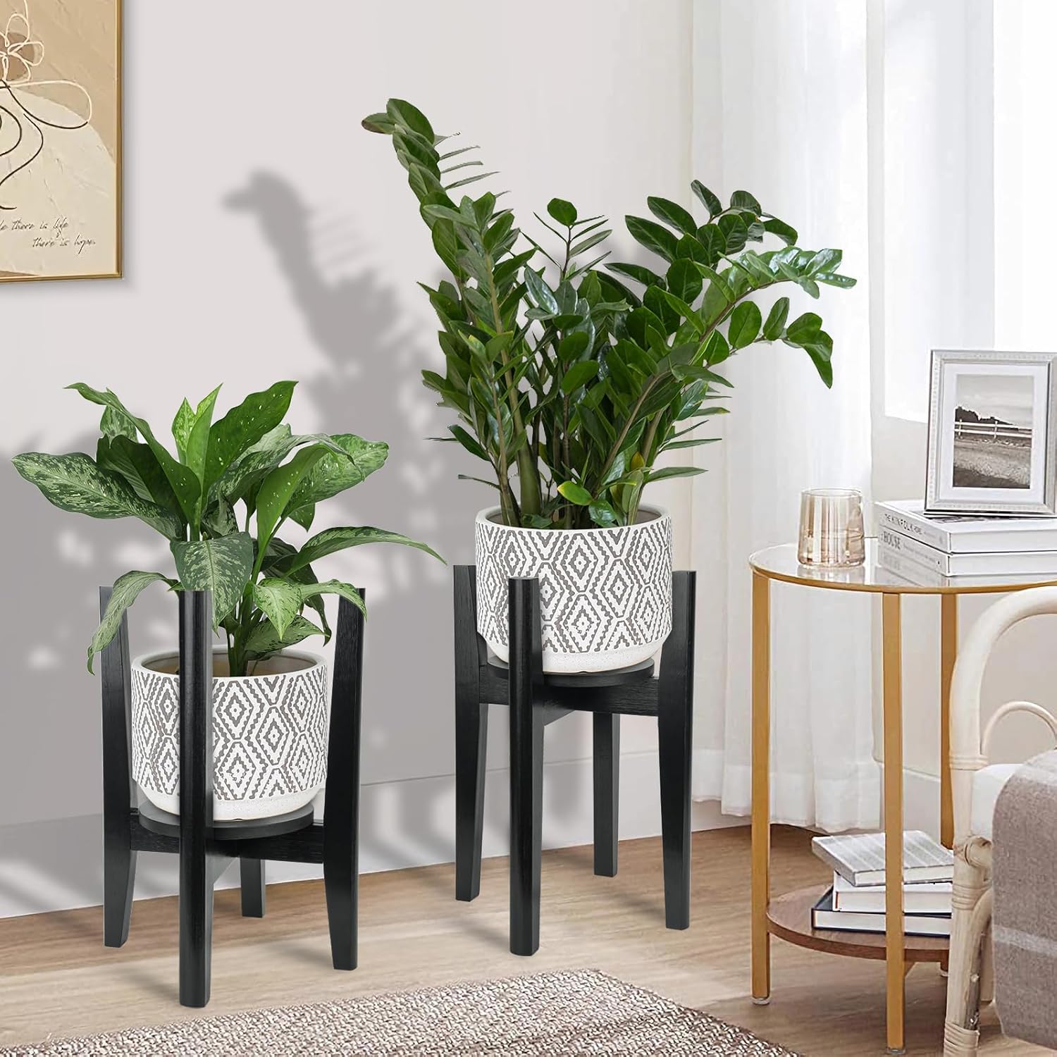 2 Packs Adjustable Plant Stand with Tray,Indoor Wood Plant Stand Fit 8'' to 12'' Planter,Mid Century Modern Flower Pot Holder Rack(Plant and Pot Not Included) Black