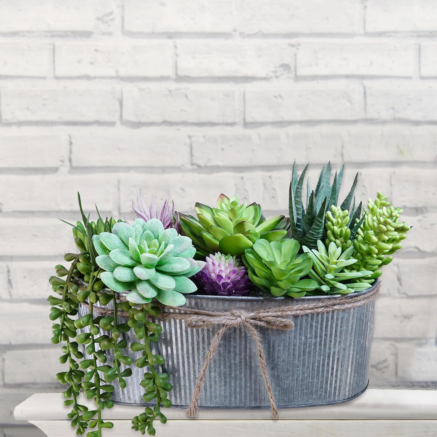 Winlyn 10" Artificial Succulent Arrangement Centerpiece Fake Succulent Plants in Rustic Metal Oval Planter Faux Potted Succulents for Home Office Bedroom Table Windowsill Shelf Mantel Decor