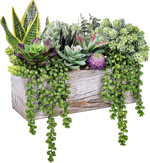 14 Pcs Assorted Artificial Succulents Fake Plants in Rectangular Wooden Pots Artificial Potted Succulents Plants Arrangement for Table Centerpiece Windowsill Shelf Mantel Tropical Greenery Decor