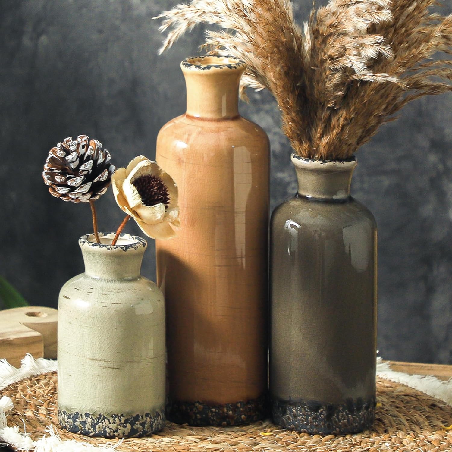 Ceramic Vintage Vases Set of 3, Blue and White Flower Decorative Vase Chinoiserie Decor Rustic Farmhouse Retro Floral Vases for Table Bookshelf Mantel Kitchen Living Room Office