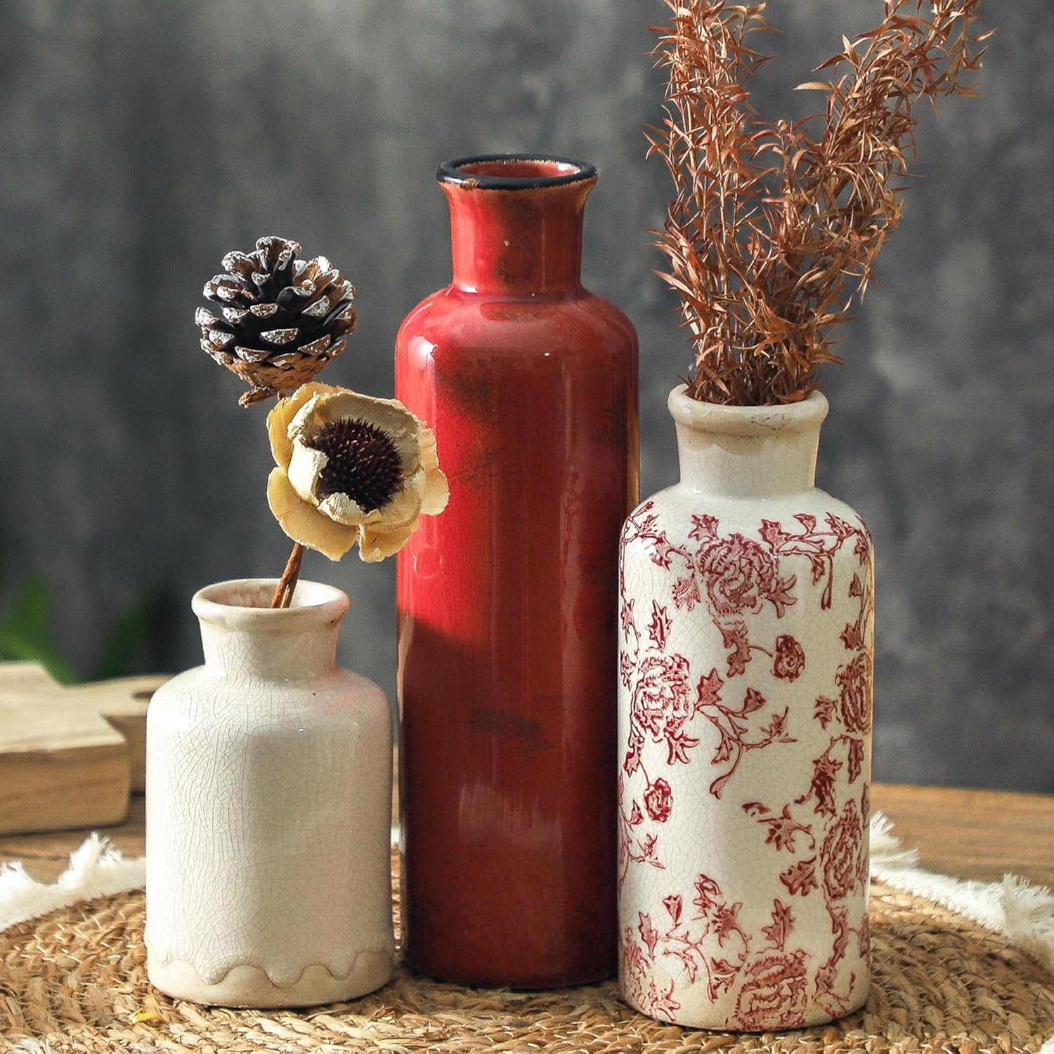 Ceramic Vintage Vases Set of 3, Blue and White Flower Decorative Vase Chinoiserie Decor Rustic Farmhouse Retro Floral Vases for Table Bookshelf Mantel Kitchen Living Room Office