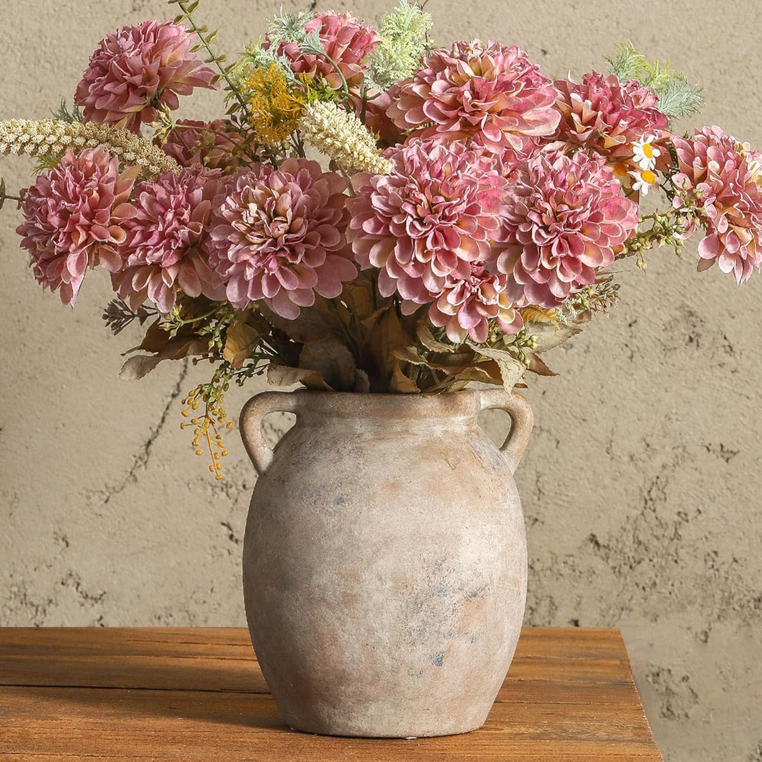 Ceramic Flower Vase 7.6 inch Farmhouse Rustic Vase Decorative Pottery Terracotta Vases for Home Decor Table Mantle Fireplace Living Room Bathroom Wedding Centerpiece (Whitewashed)