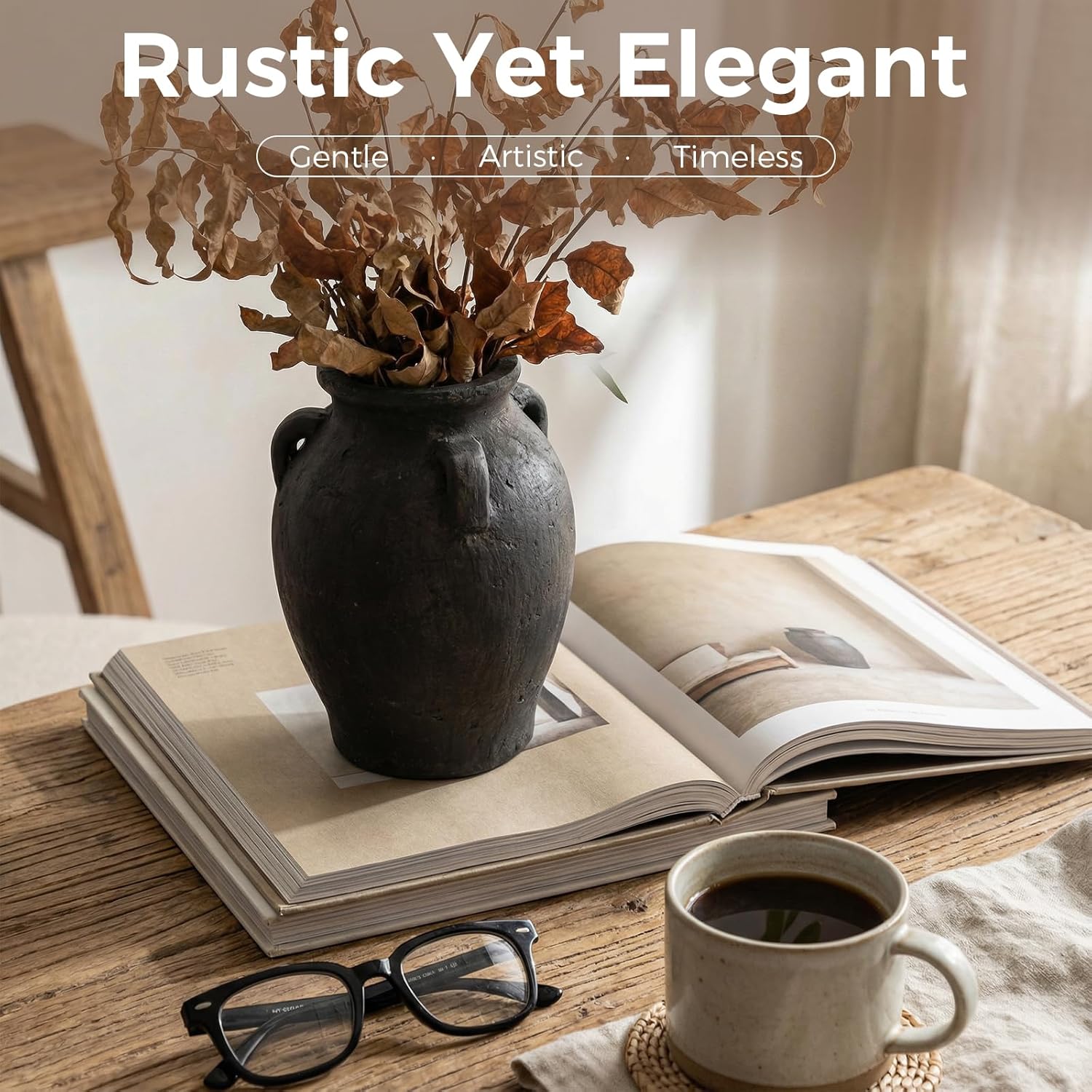 Rustic Ceramic Distressed Vase, 9.5"H Handmade Terracotta Vases with 3 Ear Handles, Decorative Flower Vase for Centerpieces, Vintage Wabi Sabi Farmhouse Decor for Entryway, Fireplace & Shelf