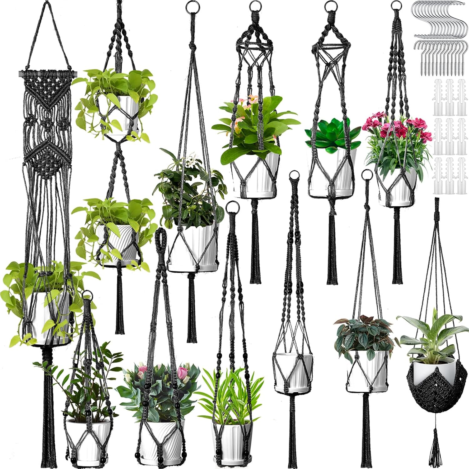 Hoteam 12 Pcs Macrame Plant Hangers Macrame Hanging Planters for Indoor Plants Handmade Boho Hanging Baskets Flower Pots Holder for Outdoor Home Wall Decor