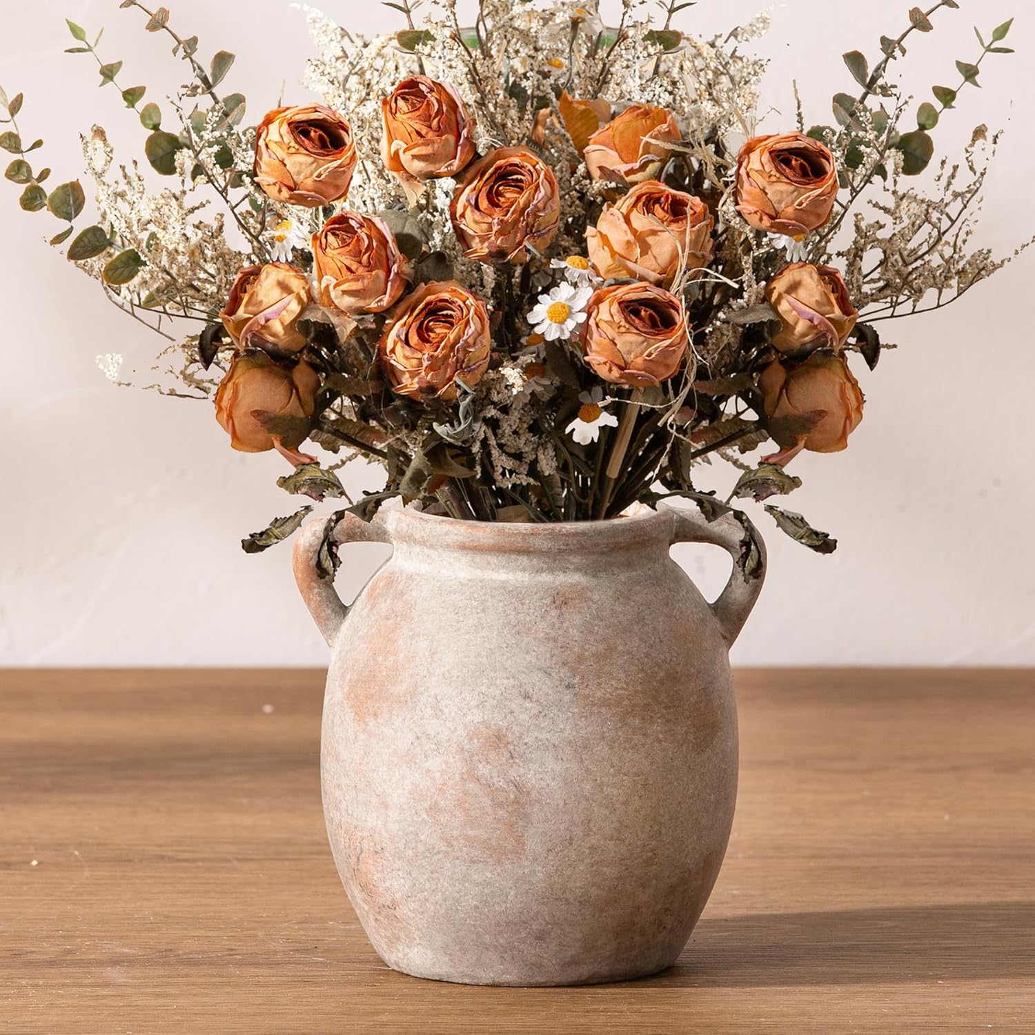 Ceramic Flower Vase 7.6 inch Farmhouse Rustic Vase Decorative Pottery Terracotta Vases for Home Decor Table Mantle Fireplace Living Room Bathroom Wedding Centerpiece (Whitewashed)