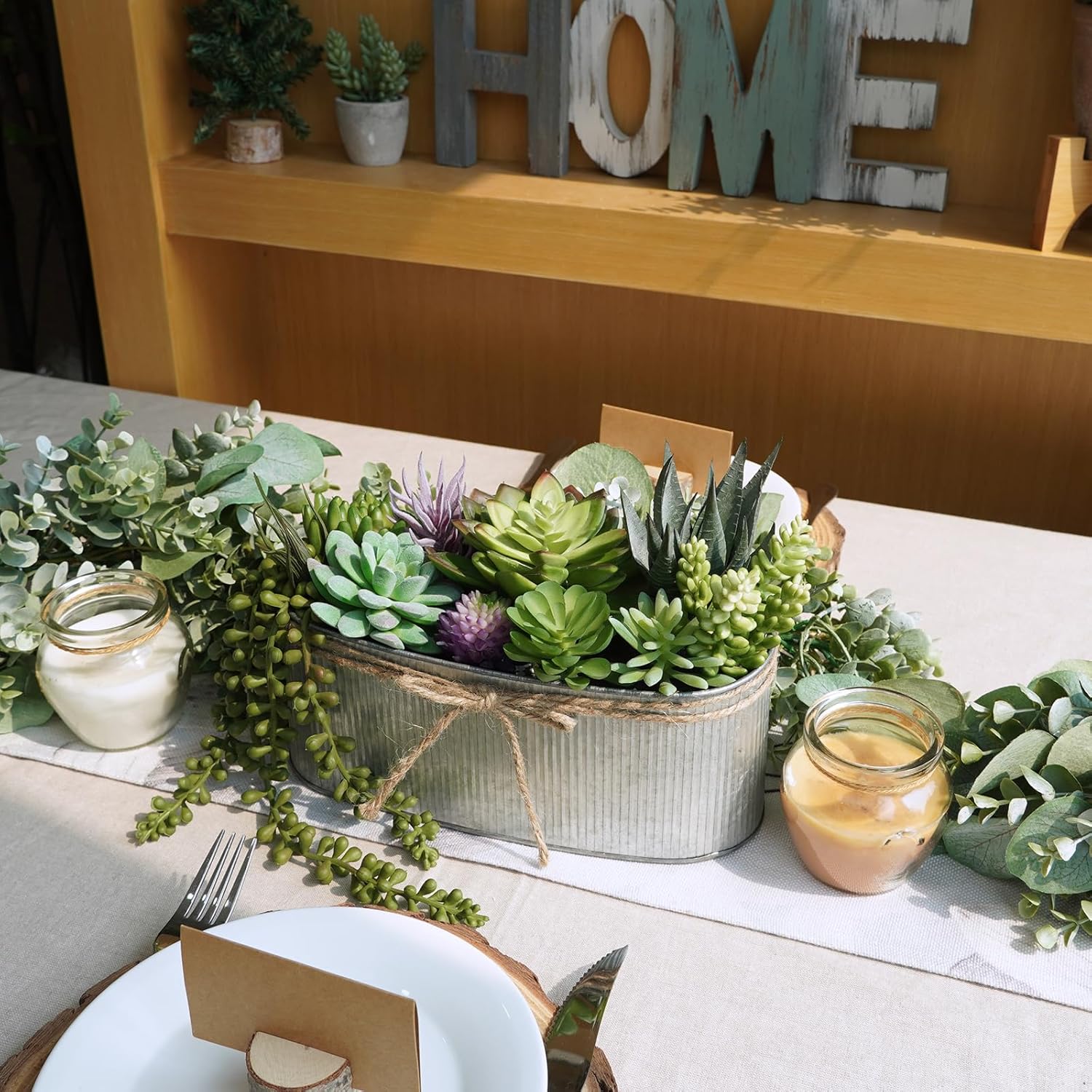 Winlyn 10" Artificial Succulent Arrangement Centerpiece Fake Succulent Plants in Rustic Metal Oval Planter Faux Potted Succulents for Home Office Bedroom Table Windowsill Shelf Mantel Decor