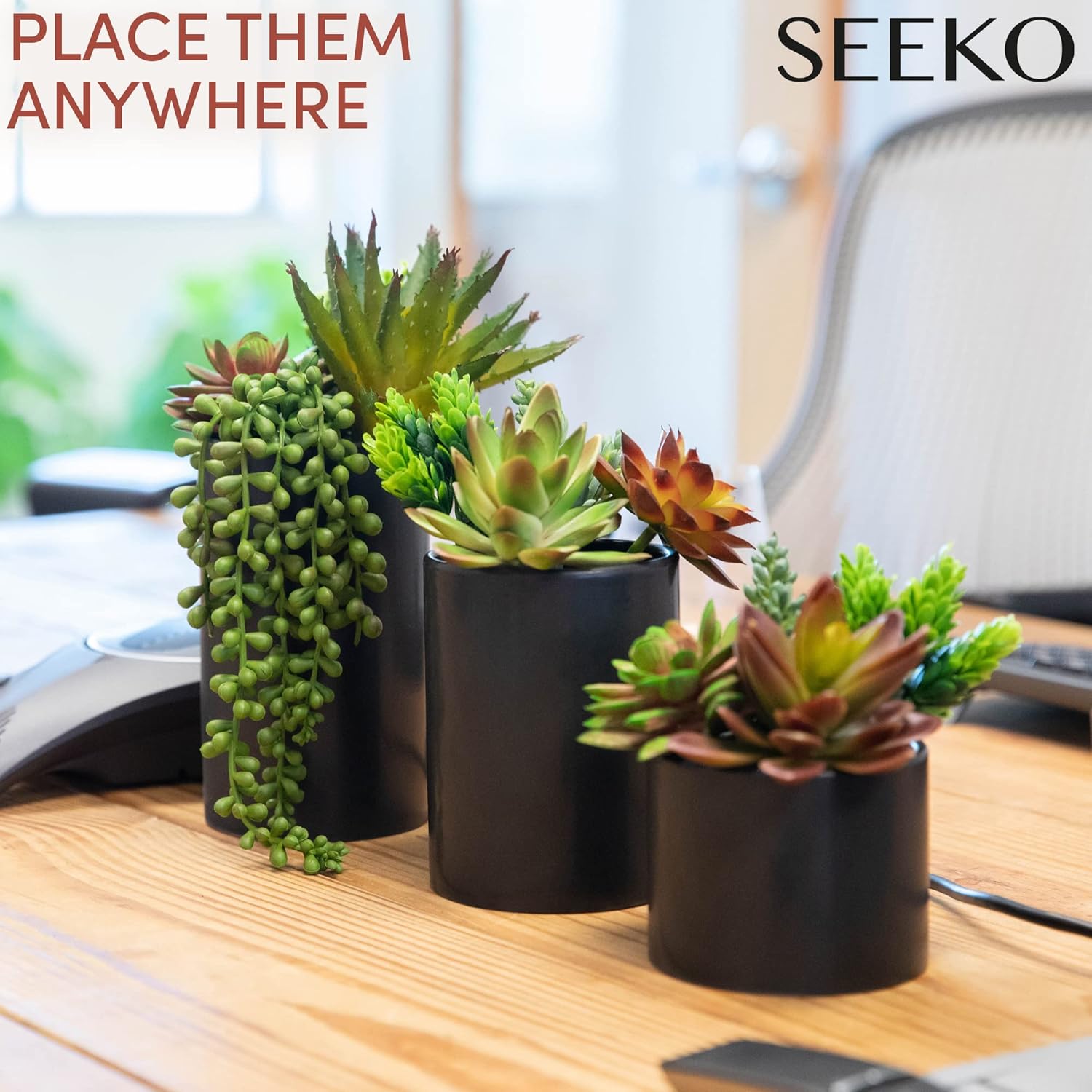 SEEKO Succulents Plants Artificial (3 Pack) - Indoor Fake Succulents with Black Pot