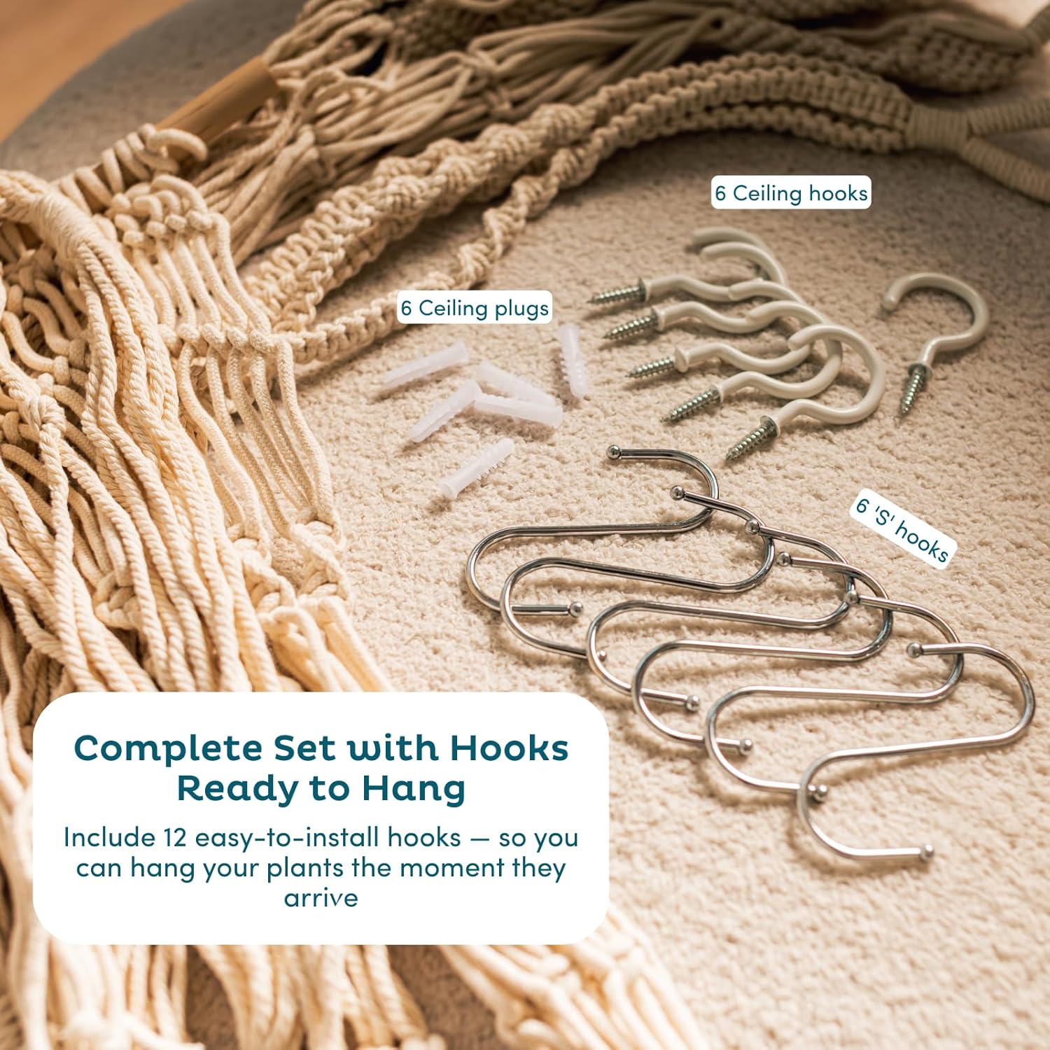 Nook Theory 6-Pack Macrame Plant Hangers with 12 Hooks - Hanging Planters for Indoor Plants, Boho Macrame Hangers Indoor Outdoor, Decorative Plant Hanger Indoor (Caramel)