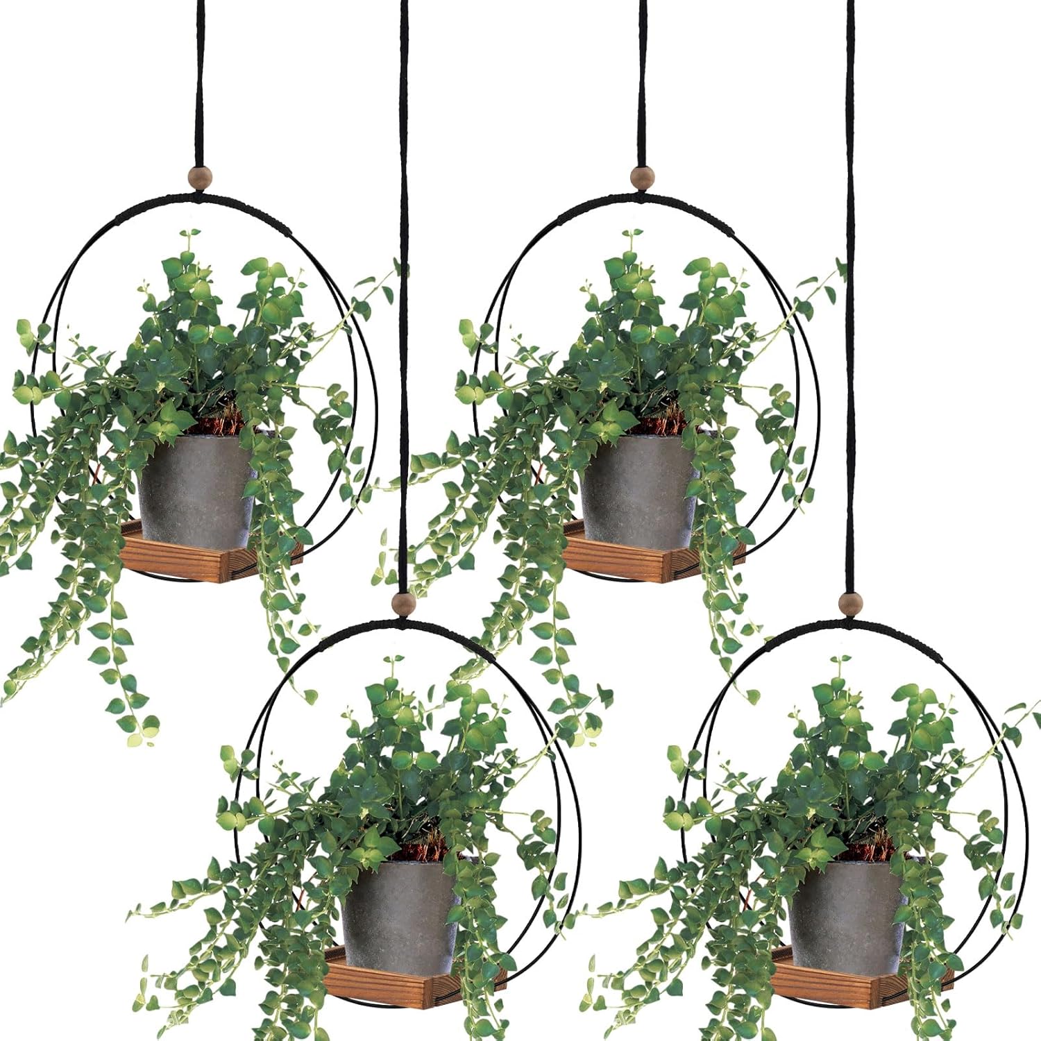 Geelin 4 Pack Plant Hanger with Wood Base Hanging Window Planter Boho Macrame Hanging Potted Plant Holders for Indoor Outdoor Window Wall Ceiling Home Decoration, Pot & Sapling Not Included (Khaki)