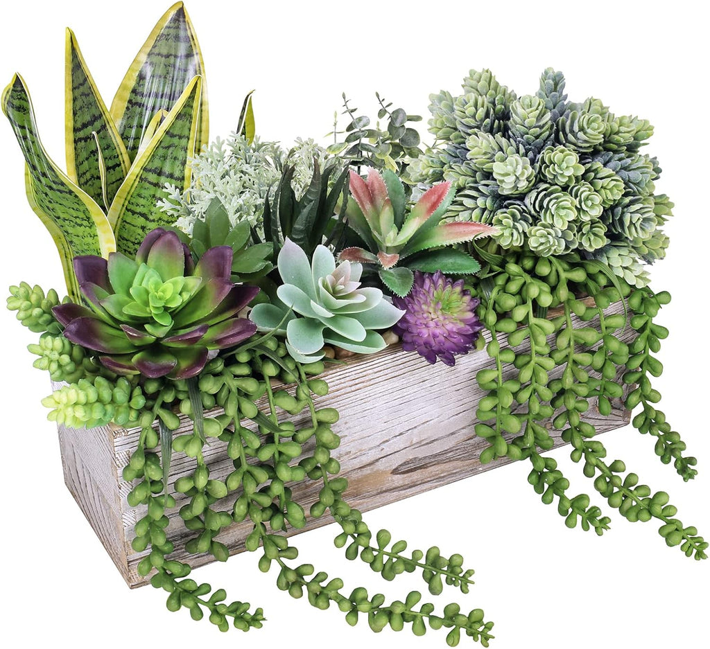 14 Pcs Assorted Artificial Succulents Fake Plants in Rectangular Wooden Pots Artificial Potted Succulents Plants Arrangement for Table Centerpiece Windowsill Shelf Mantel Tropical Greenery Decor