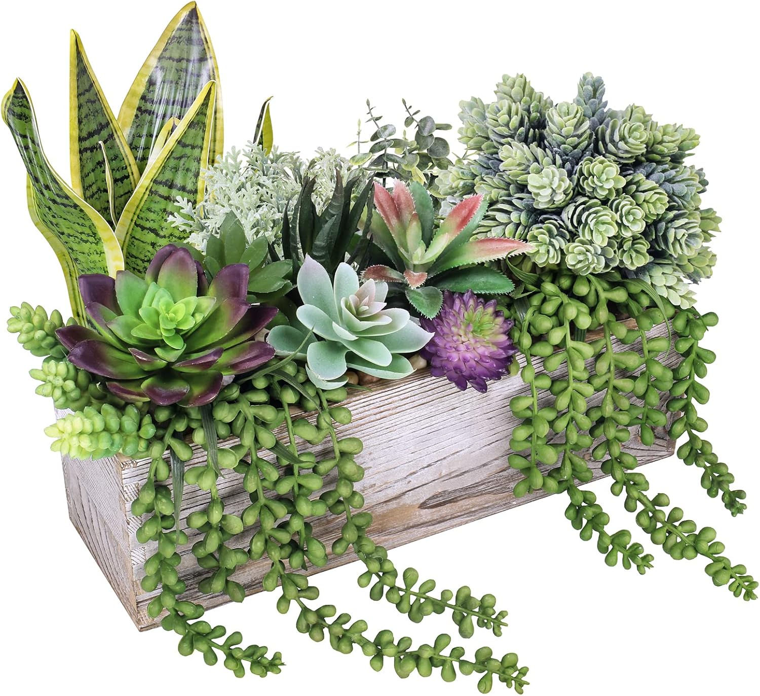 14 Pcs Assorted Artificial Succulents Fake Plants in Rectangular Wooden Pots Artificial Potted Succulents Plants Arrangement for Table Centerpiece Windowsill Shelf Mantel Tropical Greenery Decor