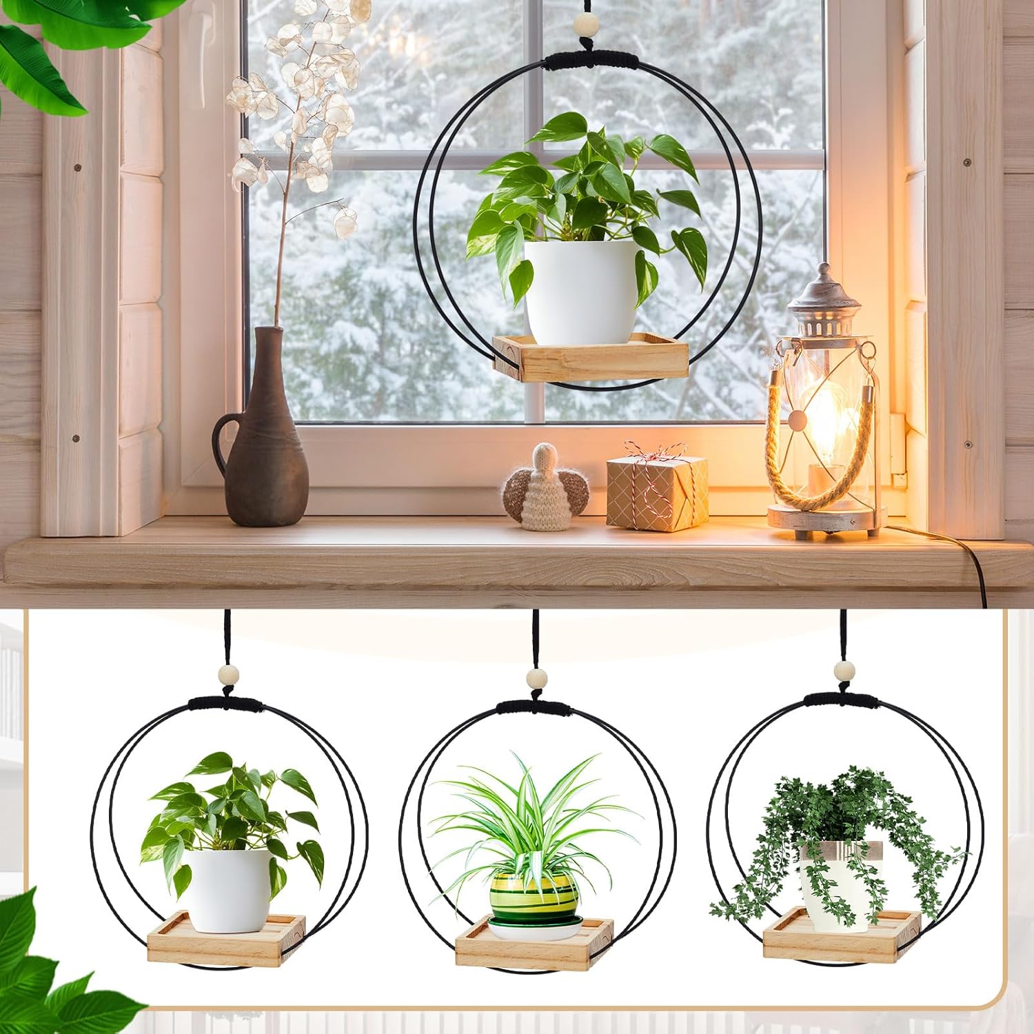 Geelin 4 Pack Plant Hanger with Wood Base Hanging Window Planter Boho Macrame Hanging Potted Plant Holders for Indoor Outdoor Window Wall Ceiling Home Decoration, Pot & Sapling Not Included (Khaki)