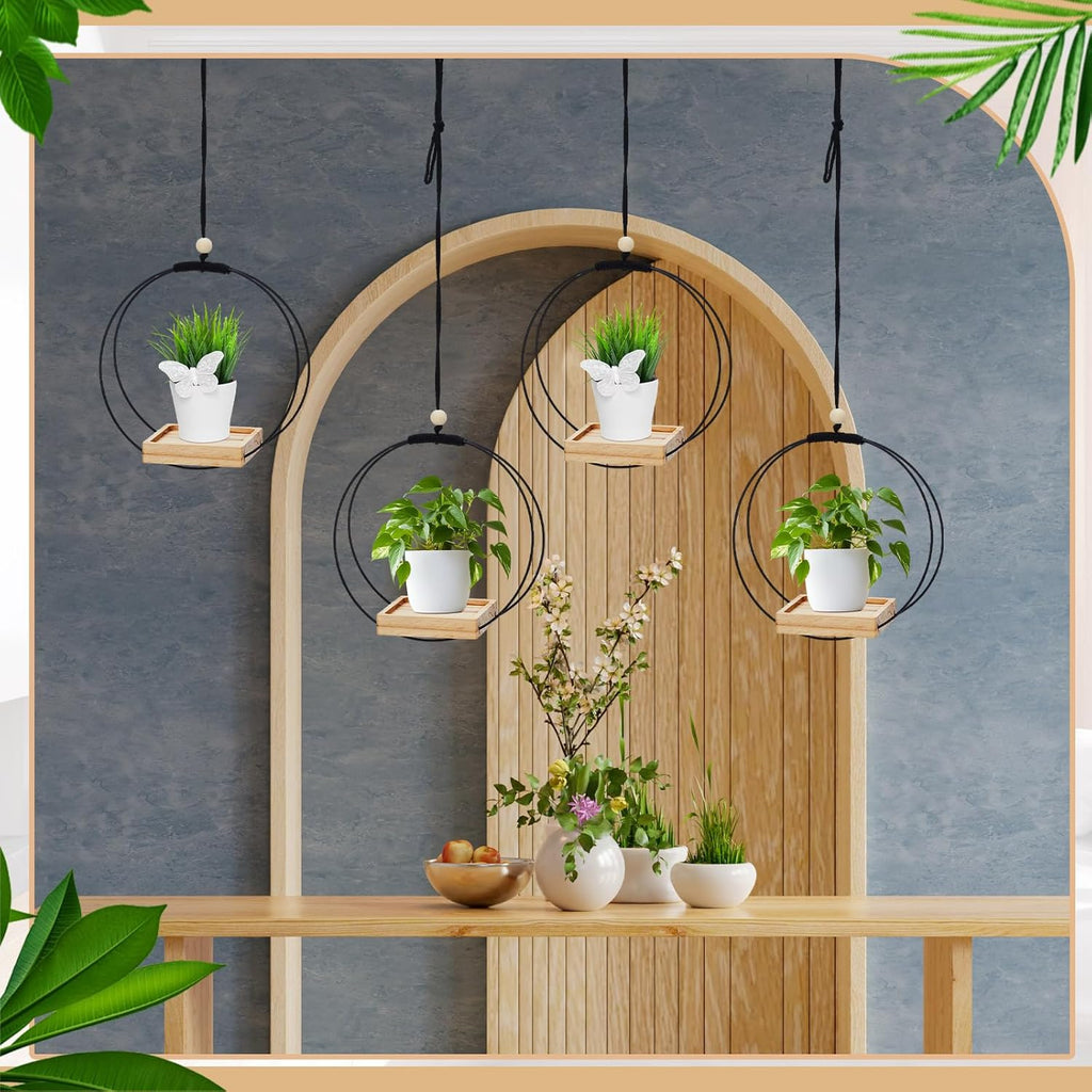 Geelin 4 Pack Plant Hanger with Wood Base Hanging Window Planter Boho Macrame Hanging Potted Plant Holders for Indoor Outdoor Window Wall Ceiling Home Decoration, Pot & Sapling Not Included (Khaki)