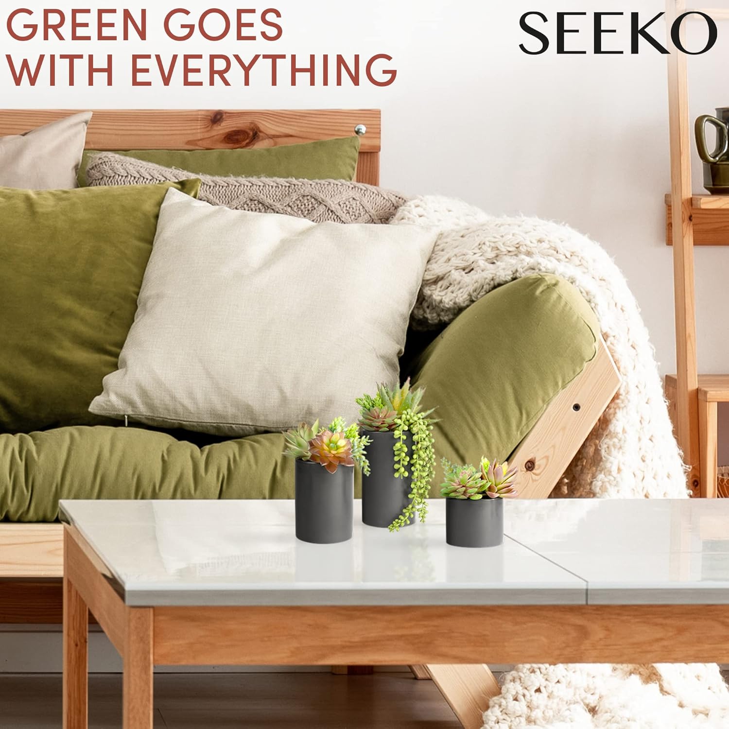 SEEKO Succulents Plants Artificial (3 Pack) - Indoor Fake Succulents with Black Pot