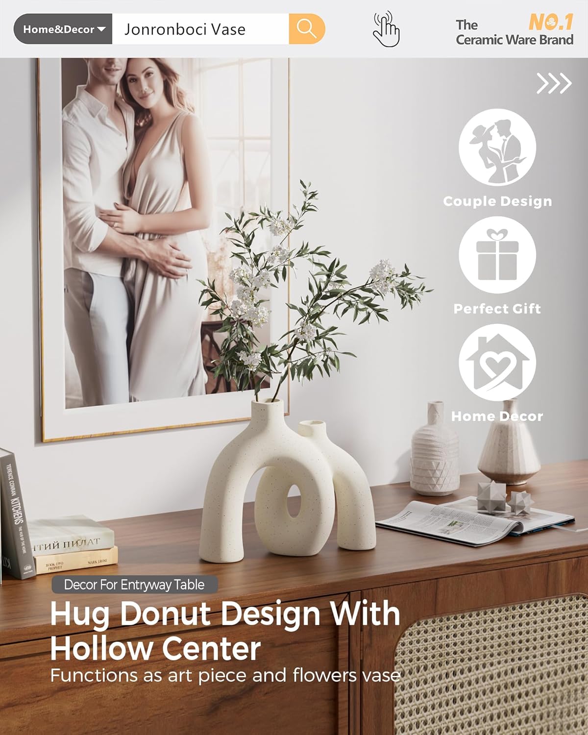 Hug Donut Decorative Vase Set - Modern Nordic Boho Style Vases Home Decor, Matte Ceramic Decorations for Living Room Shelf, Bookshelf Mantle Entryway Table or Console Décor (Cream White)