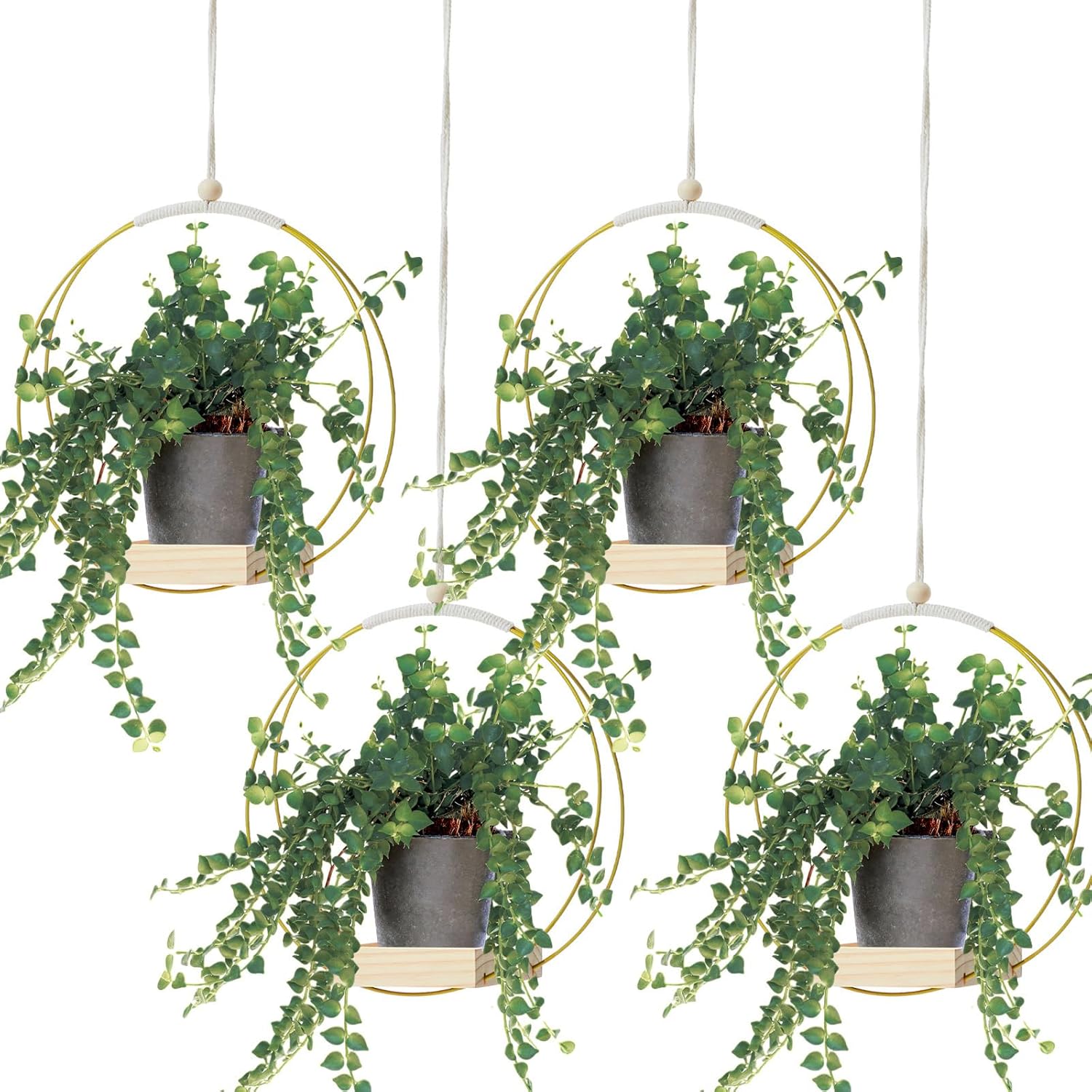 Geelin 4 Pack Plant Hanger with Wood Base Hanging Window Planter Boho Macrame Hanging Potted Plant Holders for Indoor Outdoor Window Wall Ceiling Home Decoration, Pot & Sapling Not Included (Khaki)