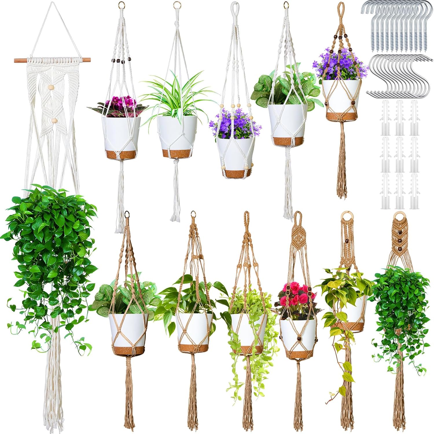 Hoteam 12 Pcs Macrame Plant Hangers Macrame Hanging Planters for Indoor Plants Handmade Boho Hanging Baskets Flower Pots Holder for Outdoor Home Wall Decor
