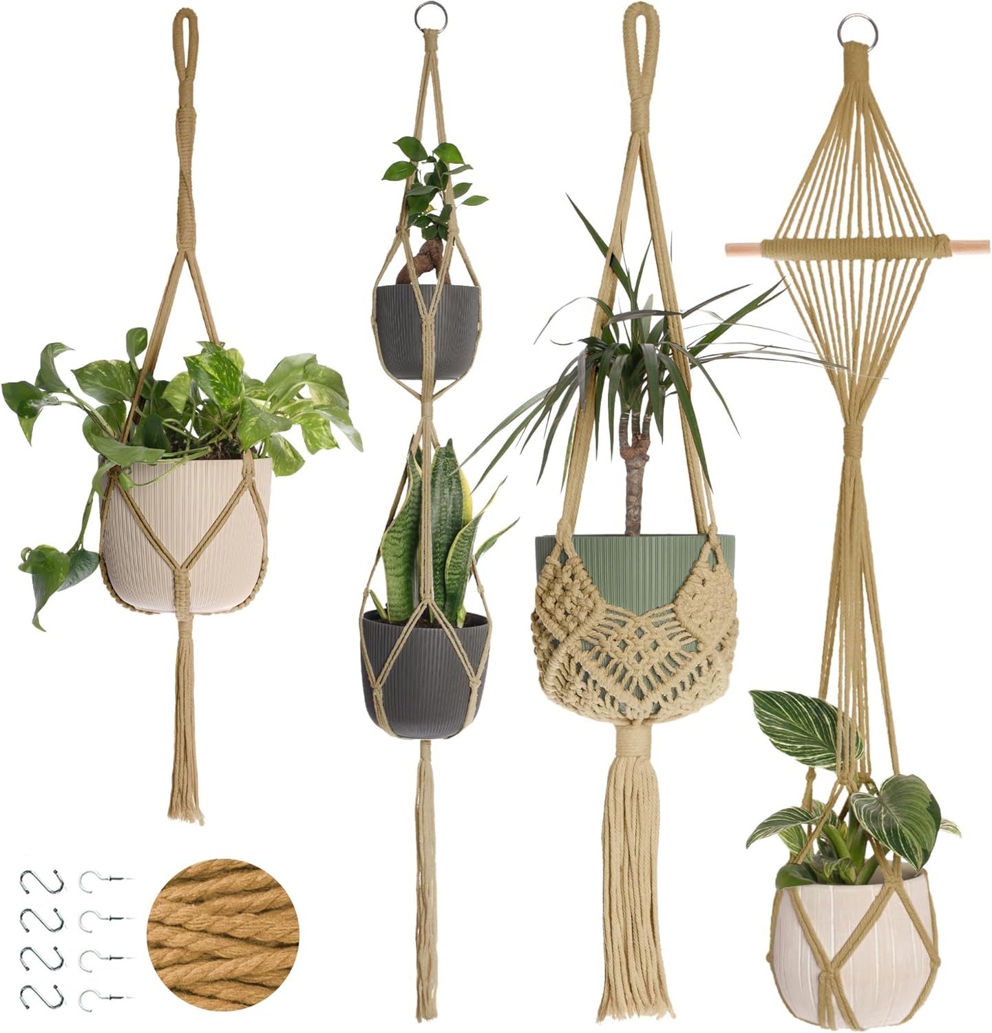 Nook Theory 6-Pack Macrame Plant Hangers with 12 Hooks - Hanging Planters for Indoor Plants, Boho Macrame Hangers Indoor Outdoor, Decorative Plant Hanger Indoor (Caramel)