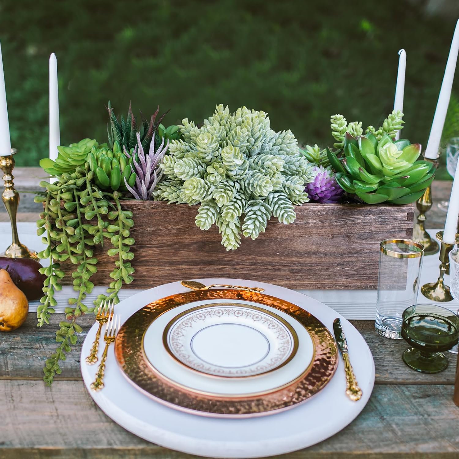 Winlyn 15" Assorted Artificial Succulent Arrangement Assorted Succulents in Rectangular Wooden Planter Faux Potted Plant for Farmhouse Table Centerpiece Windowsill Shelf Desk Mantel Greenery Décor