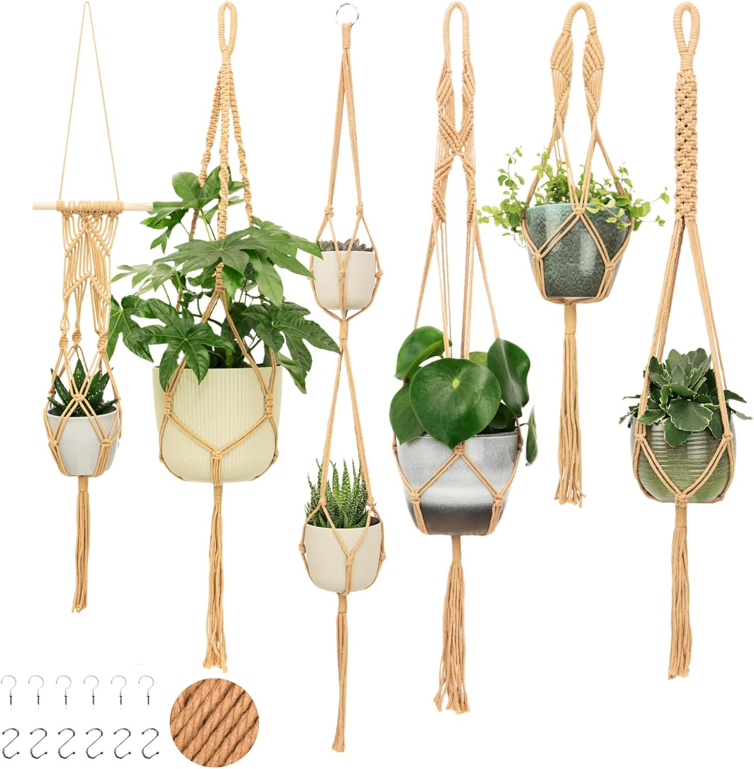Nook Theory 6-Pack Macrame Plant Hangers with 12 Hooks - Hanging Planters for Indoor Plants, Boho Macrame Hangers Indoor Outdoor, Decorative Plant Hanger Indoor (Caramel)