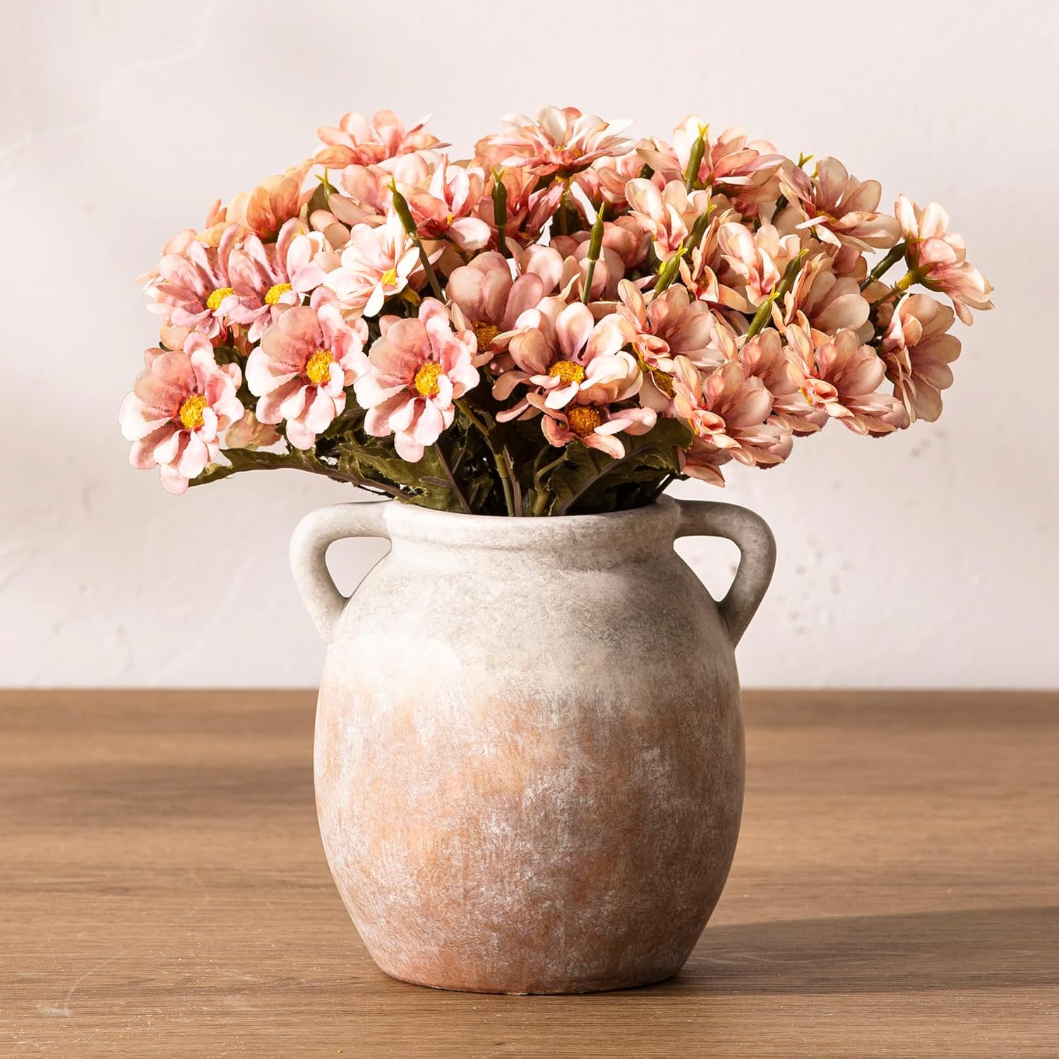 Ceramic Flower Vase 7.6 inch Farmhouse Rustic Vase Decorative Pottery Terracotta Vases for Home Decor Table Mantle Fireplace Living Room Bathroom Wedding Centerpiece (Whitewashed)