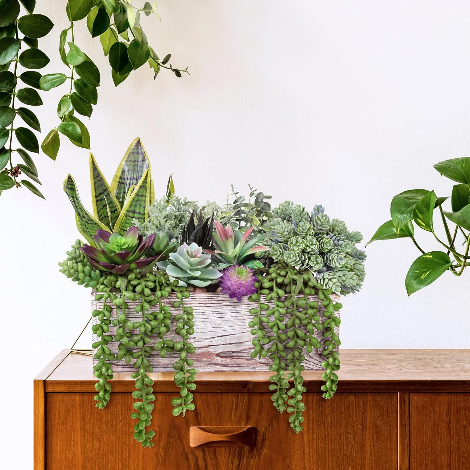 14 Pcs Assorted Artificial Succulents Fake Plants in Rectangular Wooden Pots Artificial Potted Succulents Plants Arrangement for Table Centerpiece Windowsill Shelf Mantel Tropical Greenery Decor