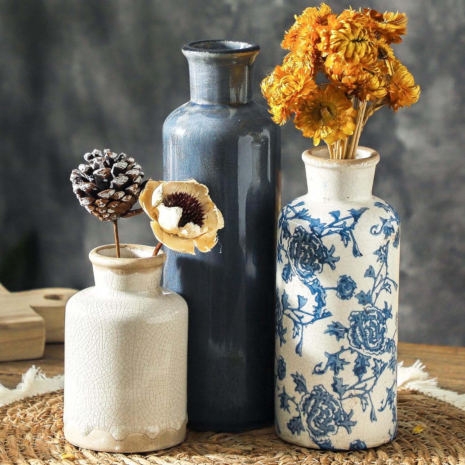 Ceramic Vintage Vases Set of 3, Blue and White Flower Decorative Vase Chinoiserie Decor Rustic Farmhouse Retro Floral Vases for Table Bookshelf Mantel Kitchen Living Room Office
