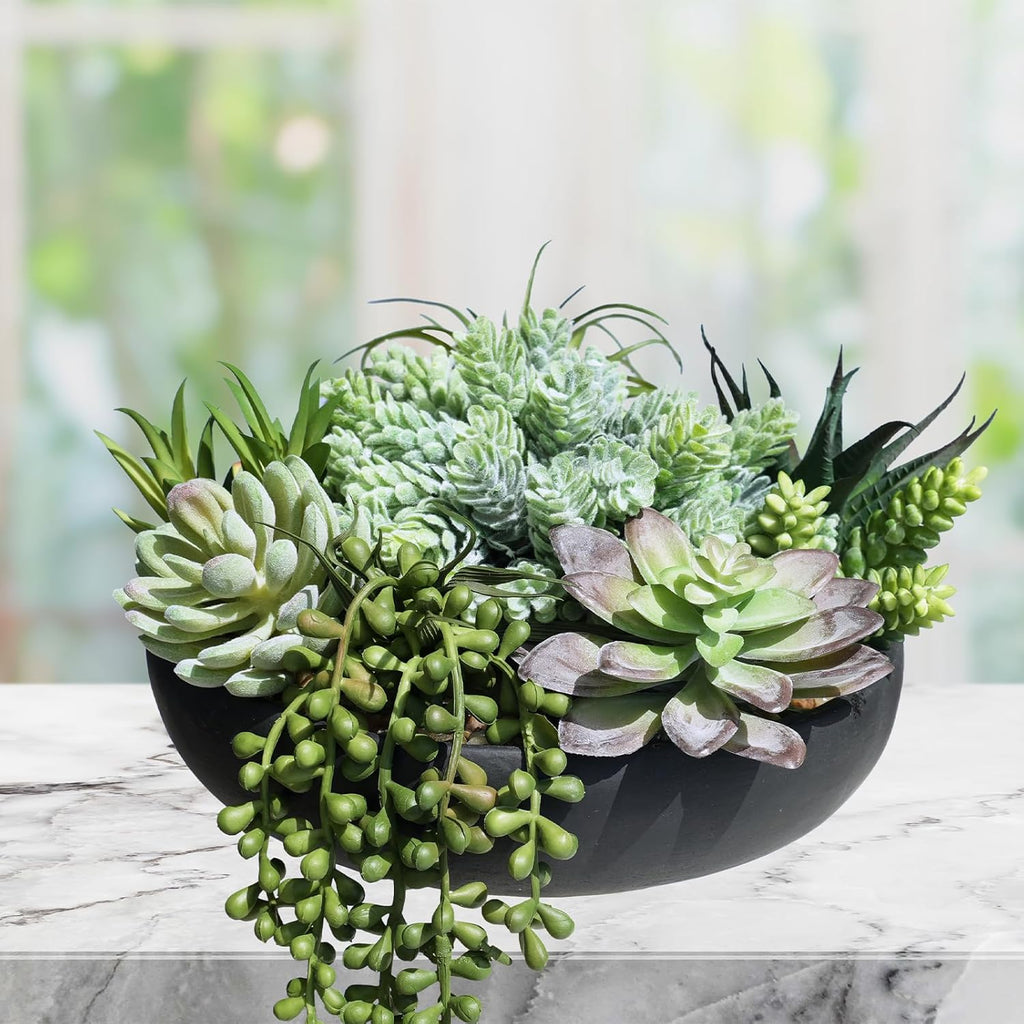 Winlyn 9" Artificial Succulent Arrangement Succulent Plants in Black Round Planter Faux Potted Succulents for Home Office Bedroom Kitchen Bathroom Table Centerpiece Windowsill Shelf Mantel Decor