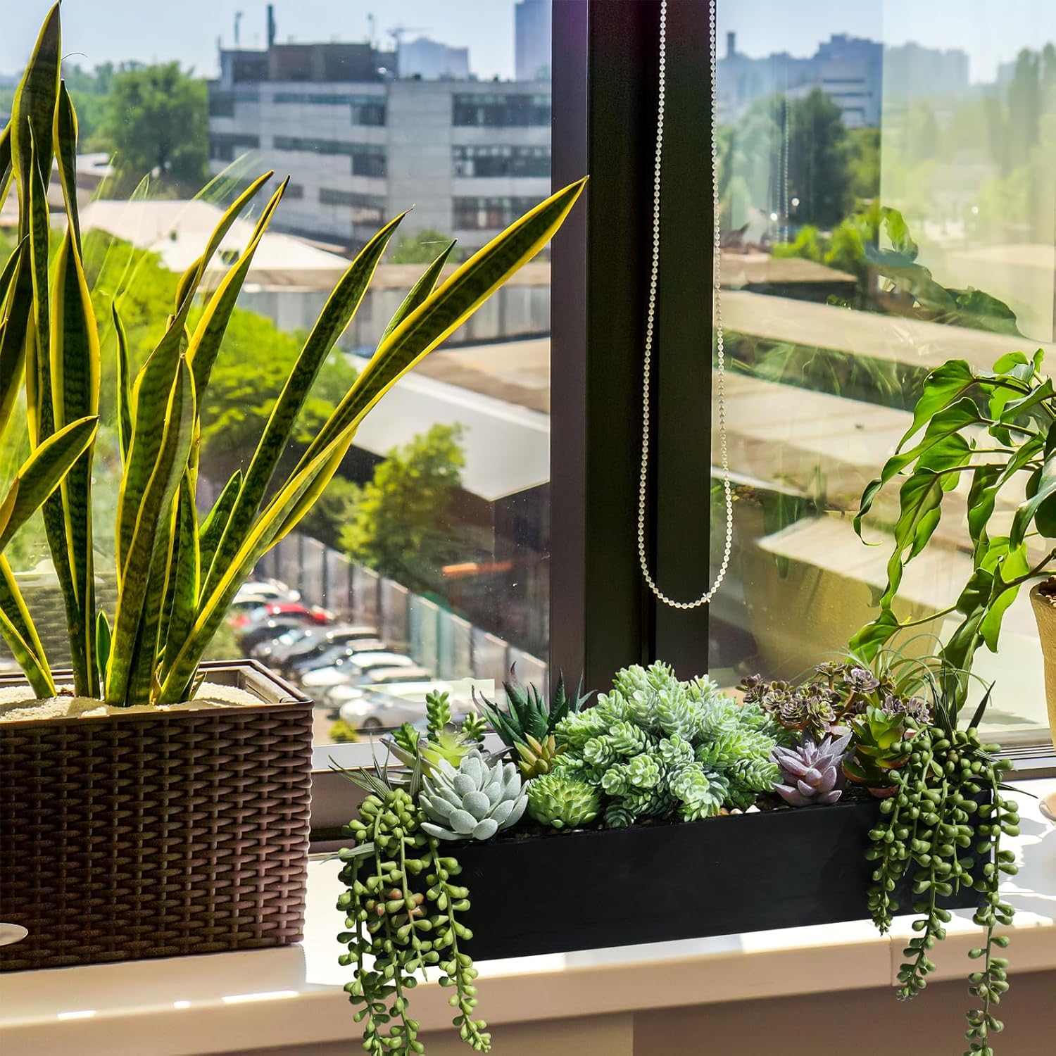 Winlyn 15" Artificial Succulent Arrangement Faux Succulents in Rustic Black Rectangular Wooden Planter Faux Potted Plants for Party Table Centerpiece Mantel Shelf Windowsill Tabletop Greenery Decor