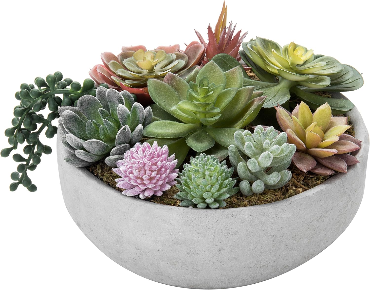 MyGift 8 Inch Round Modern Artificial Succulent Arrangement Potted in White Concrete Plant Bowl, Assorted Faux Mini Succulents in a Decorative Planter Pot