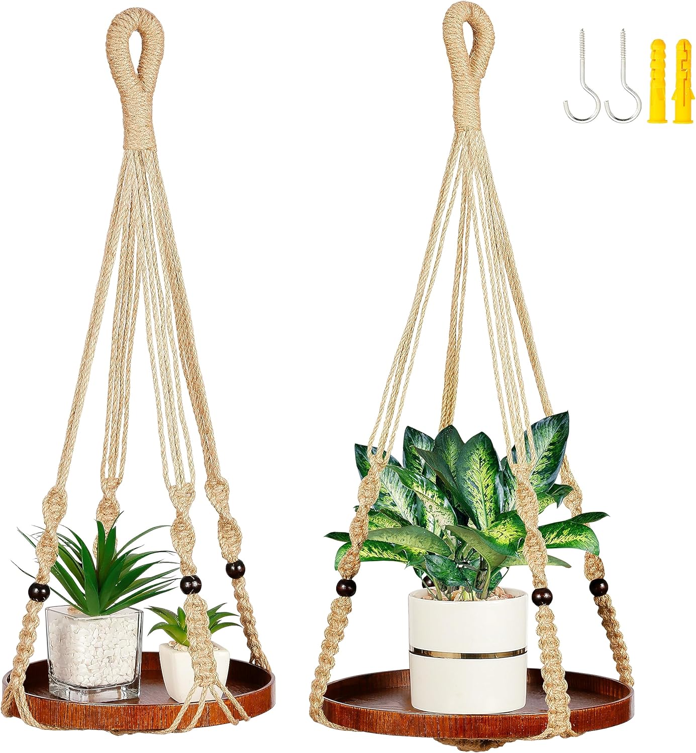 2 Pack Macrame Plant Hanger | Plant Hanger Indoor, Hanging Planter Shelf | Hanging Planter (Black) (1 Large + 1 Medium)